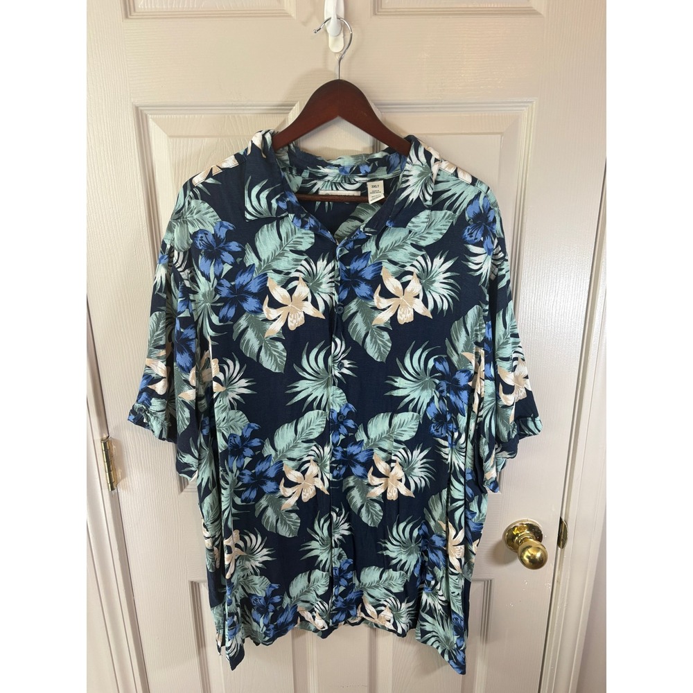 Cubavera Mens 3XLT Floral Tropical Button Down Shirt Navy Blue Viscose 3EGA